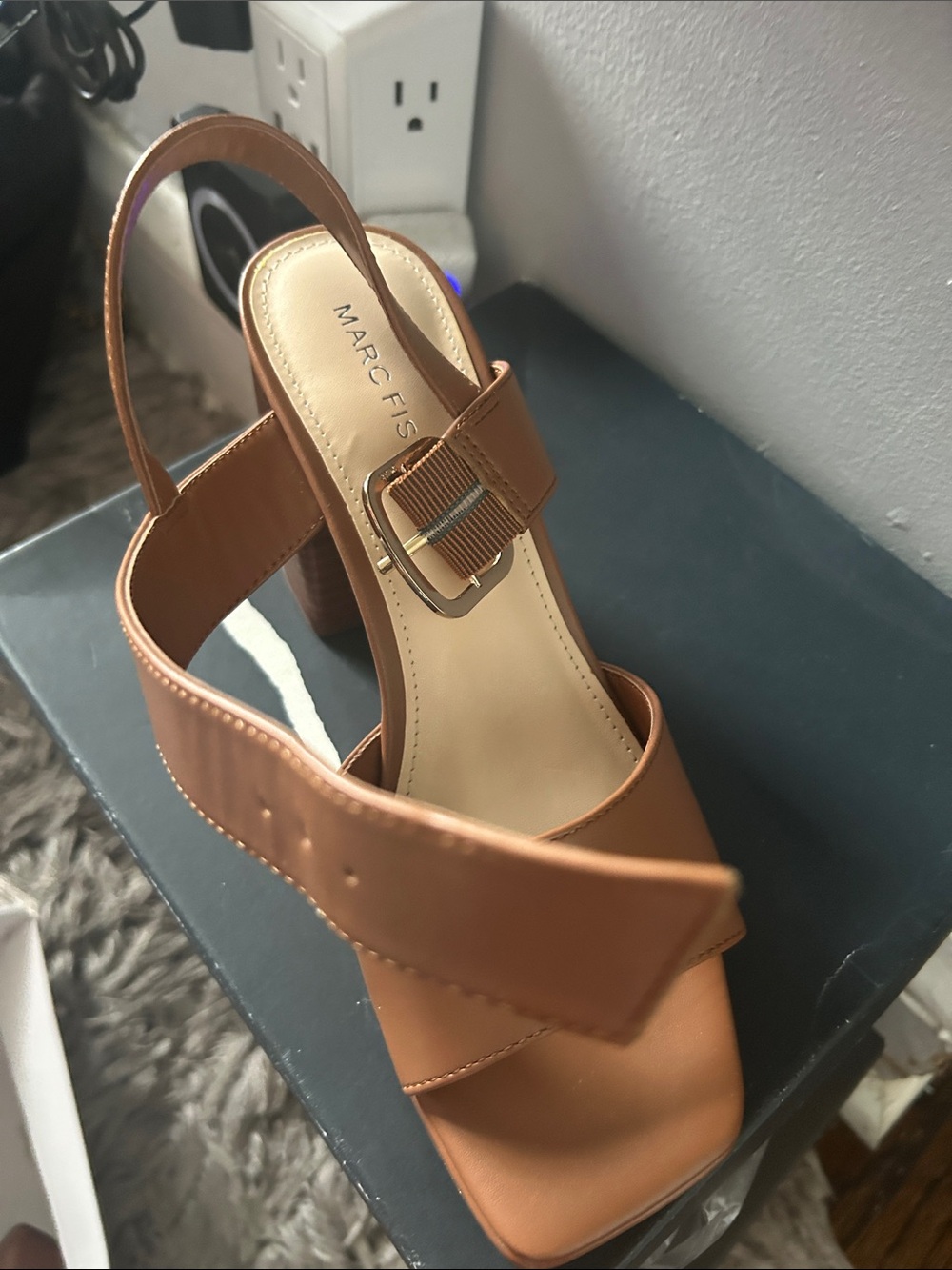 Marc Fisher Cognac Leather Block Heel Slingback Sandals